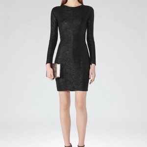 Reiss Abellia Lurex Black Bodycon Mini Dress Long Sleeve Metallic US 0 UK 4